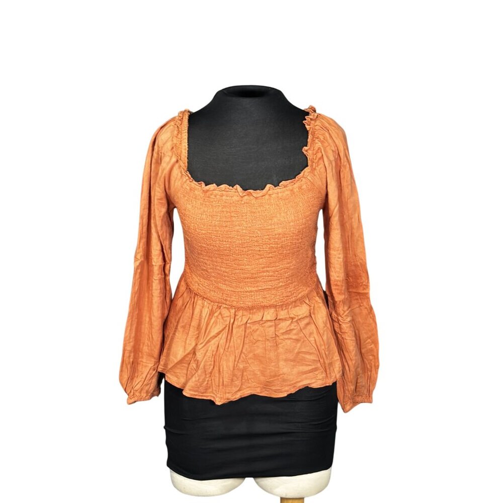 Old Navy Womens Orange Smocked Peplum Top Long Sleeve Lightweight Size S